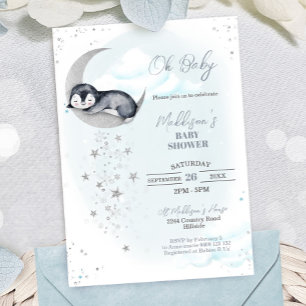 Penguin Moon Baby Shower Invitation Einladung