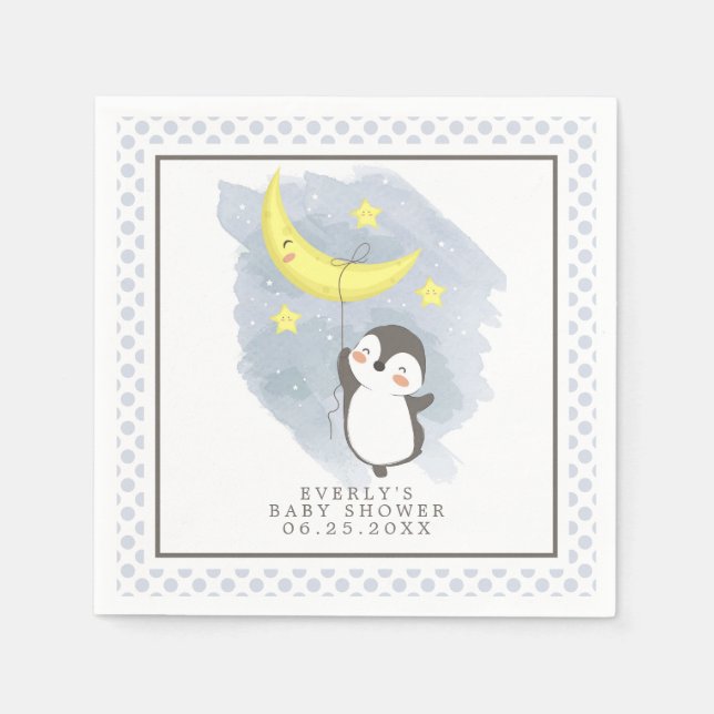 Penguin Moon Watercolor Babydusche Napkins Serviette (Vorderseite)