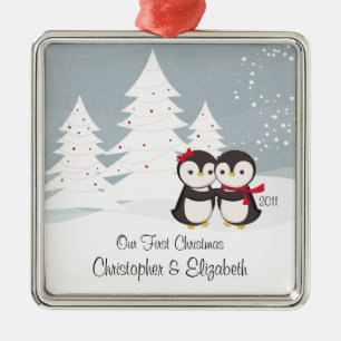Penguin-Paar-Liebe-niedliche erste Silbernes Ornament