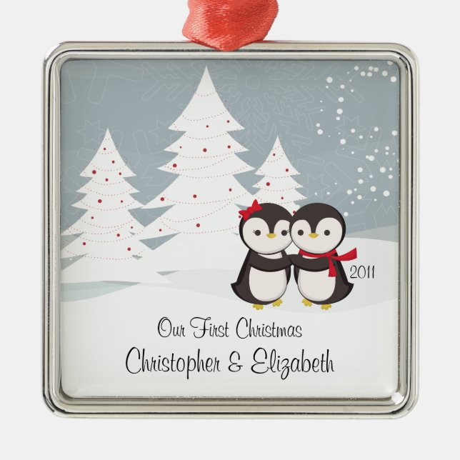 Penguin-Paar-Liebe-niedliche erste Silbernes Ornament (Vorne)
