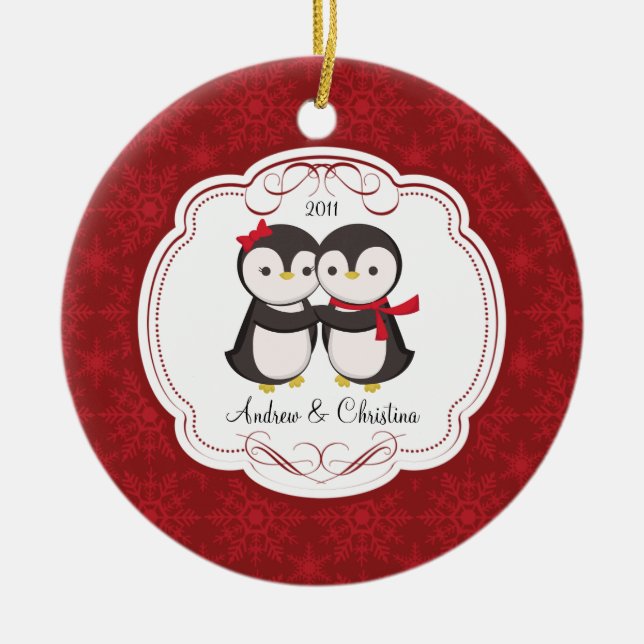 Penguin-Paar-Liebe-niedliche Weihnachtsverzierung Keramikornament (Vorne)