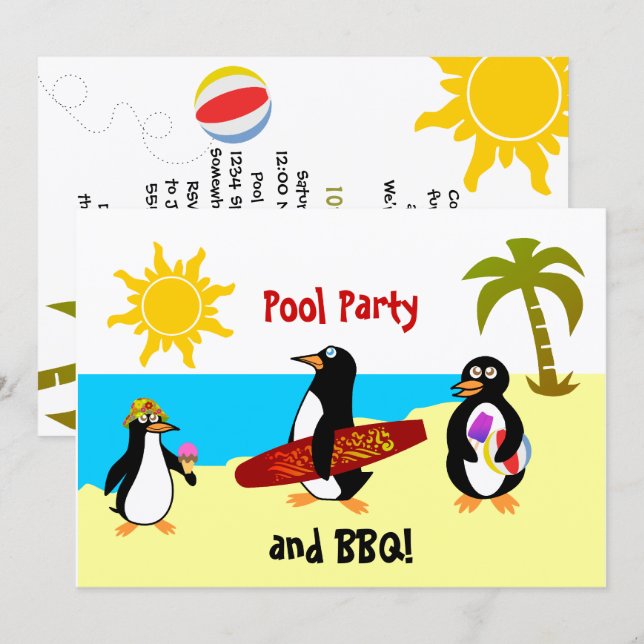 Penguin Pool Party / Beach Party Einladung (Vorne/Hinten)