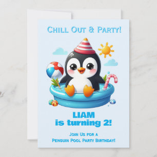 Penguin-Poolparty-Geburtstagseinladung Jungen Einladung