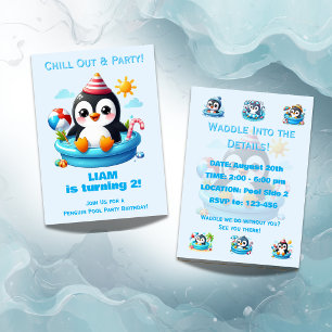 Penguin-Poolparty-Geburtstagseinladung Jungen  Einladung