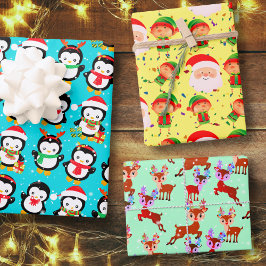 Penguin Reindeer Santa Claus Elf Weihnachtsfeierta Geschenkpapier Set