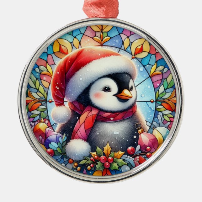 Penguin Round Ornament Aus Metall (Vorne)