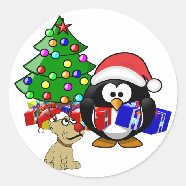 Penguin Santa und Rentier Dog Runder Aufkleber (Vorderseite)