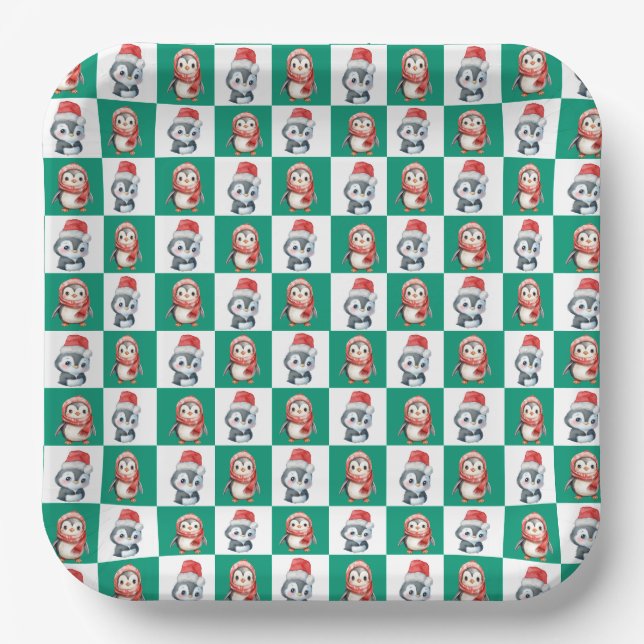 Penguin Santa Wassercolor Frohe Weihnachtsmuster Pappteller (Vorderseite)
