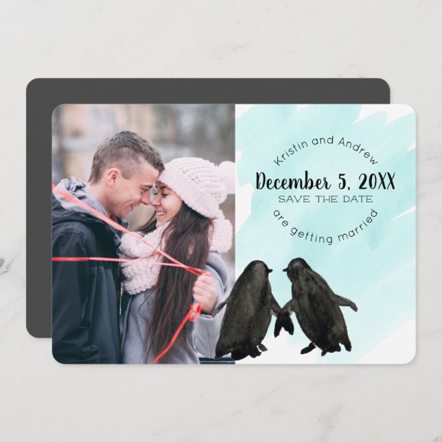 Penguin Save the Date Foto Einladung (Vorne/Hinten)