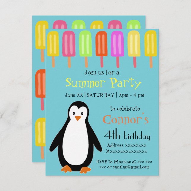Penguin-Sommer-Party mit Popsicles Einladung (Vorne/Hinten)