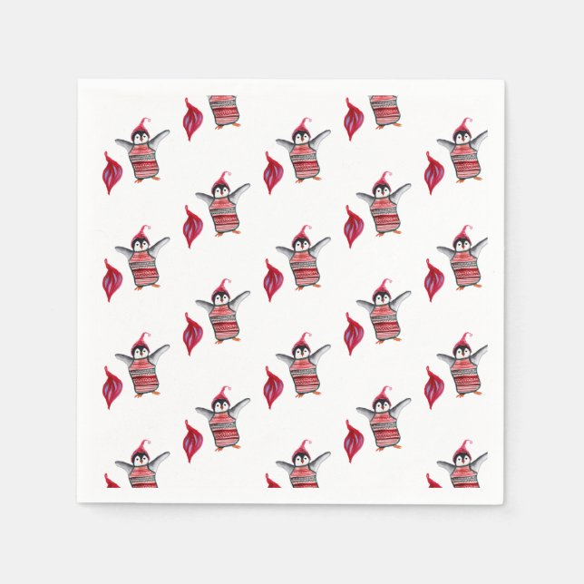 Penguin Wasserfarbe Kunst zu Weihnachten Serviette (Vorderseite)
