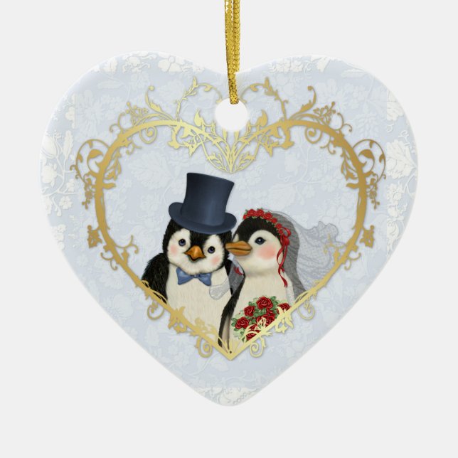 Penguin Wedding Heart - Anpassen des Hintergrundte Keramikornament (Vorne)