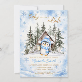 Penguin Winter Blau Schneeblume Baby Shower Einladung