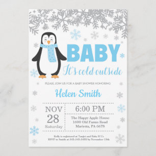 Penguin Winter Blue Boy Baby Showflake Einladung
