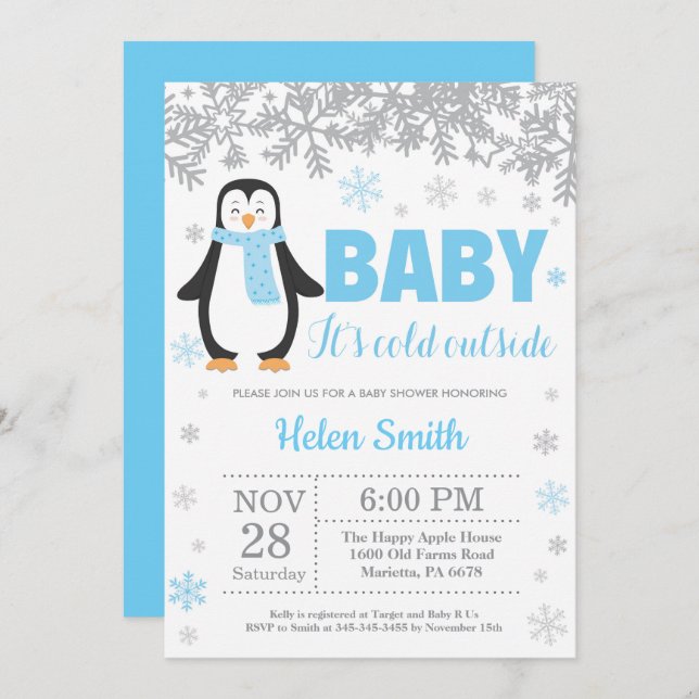 Penguin Winter Blue Boy Baby Showflake Einladung (Vorne/Hinten)