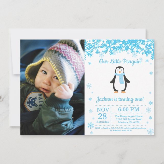 Penguin Winter Boy Birthday Foto Einladung (Vorderseite)