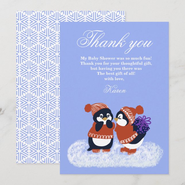 Penguin Winter Snow Birthday Baby Shower Thank you Einladung (Vorne/Hinten)