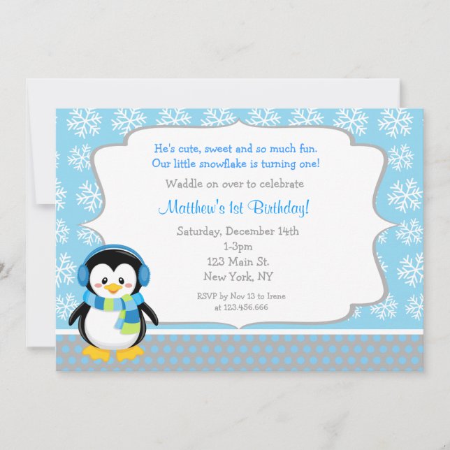 Penguin Winter Snowflake Birthday Invitations Einladung (Vorderseite)