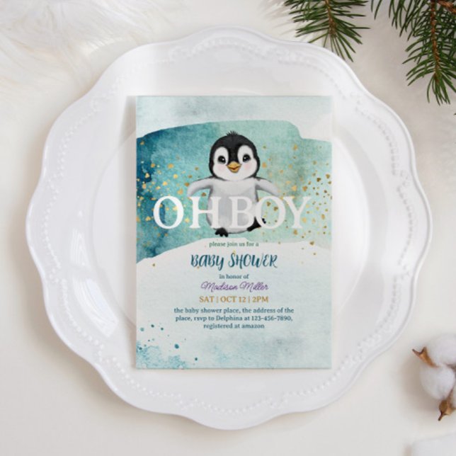 Penguin Winter Thema Niedlich Baby Boy Dusche Einladung (Von Creator hochgeladen)
