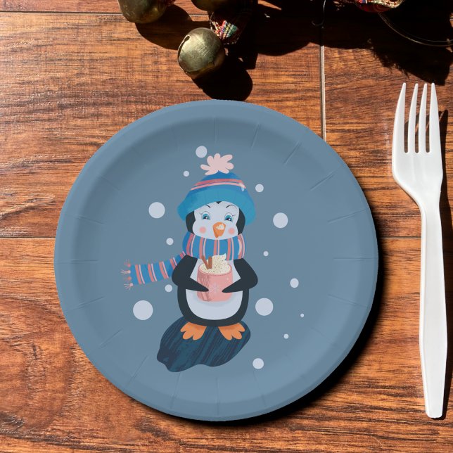 Penguin with Hot Cocoa Blue Holiday Paper Plate Pappteller (Penguin with hot cocoa mug blue Holiday paper plate .)