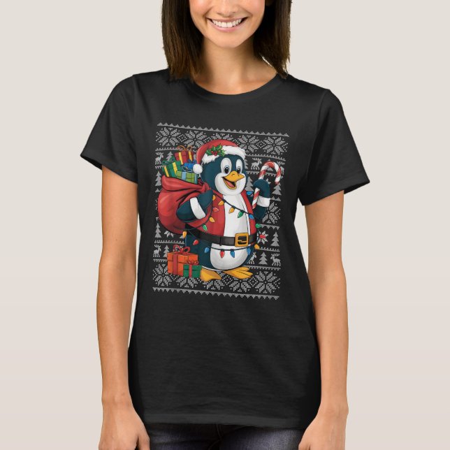Penguin Xmas Sweater Style Ugly Santa Penguin Chri T-Shirt (Vorderseite)