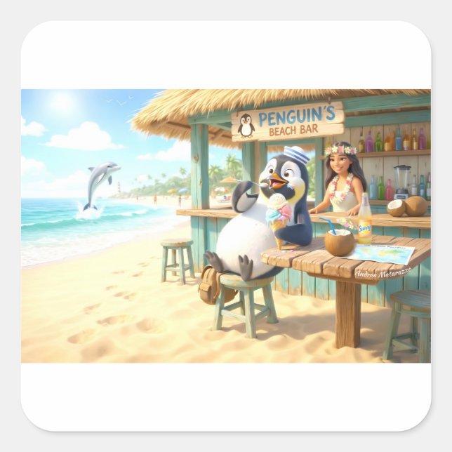 Penguin's Beach Bar Quadratischer Aufkleber (Vorderseite)