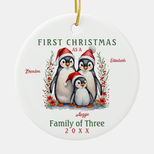 Penguins Familie der drei ersten Weihnachten Keramik Ornament (Vorne)