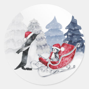 Penguins Red Sleigh Watercolor Weihnachten Runder Aufkleber