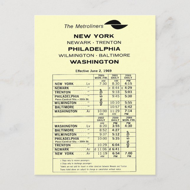 Penn Central Railway Metroliner Fahrplan Postkarte (Vorderseite)