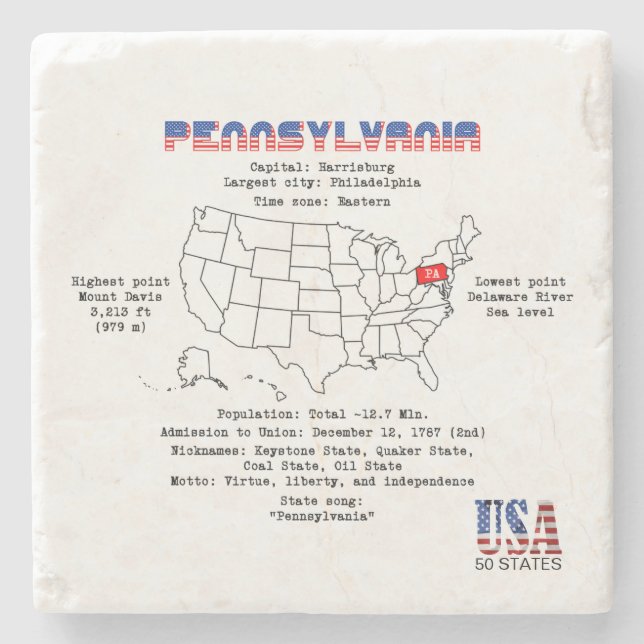 Pennsylvania American Staat auf einer Karte mit Ei Steinuntersetzer (Vorderseite)