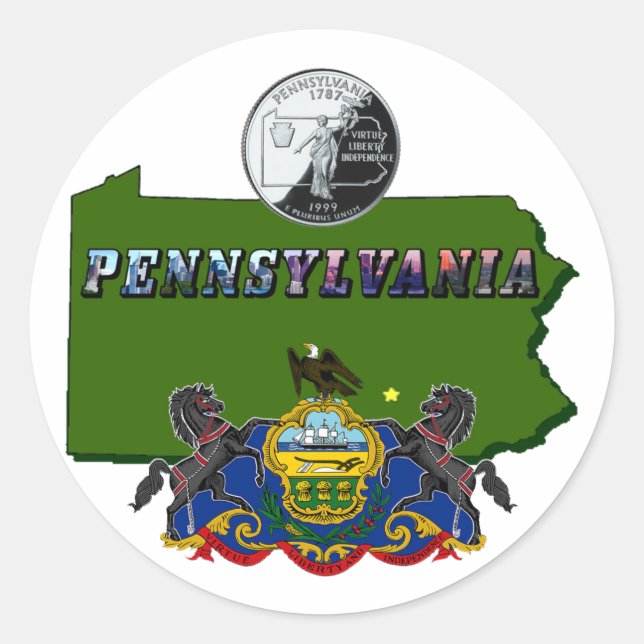 Pennsylvania-Karte, Quarter, Flag und Bildtext Runder Aufkleber (Vorderseite)