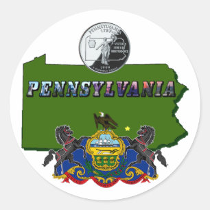 Pennsylvania-Karte, Quarter, Flag und Bildtext Runder Aufkleber