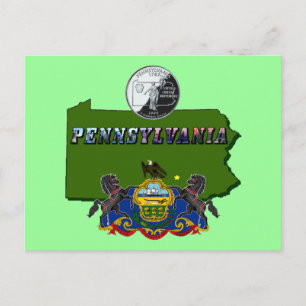 Pennsylvania-Karte, Quarter, Flagge und Bildtext Postkarte