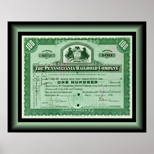 Pennsylvania Railcompany ~ Stock Certificate Poster (Vorne)