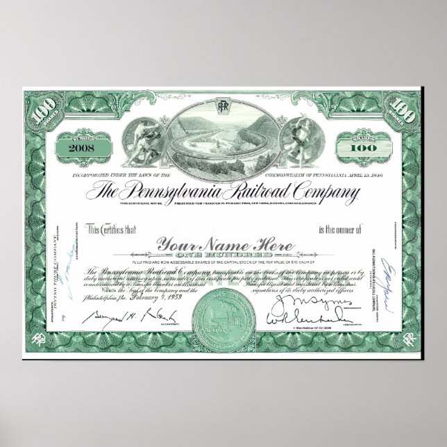 Pennsylvania Railroad CUSTOM Stock Certificate Pos Poster (Vorne)