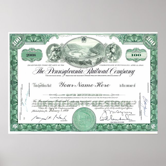 Pennsylvania Railway CUSTOM Stock Certificate Poster (Vorne)