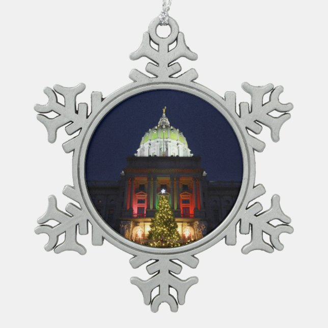 Pennsylvania Staat Hauptstadt Weihnachtsbaumleucht Schneeflocken Zinn-Ornament (Vorderseite)