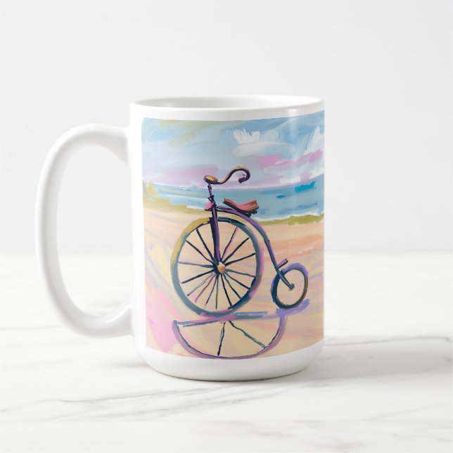 Penny farthing bike parkt am strand kaffeetasse (Links)