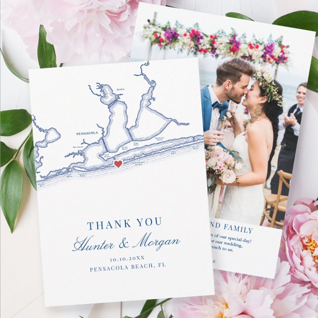 Pensacola Beach Florida Map and Wedding Foto Dankeskarte (Pensacola Beach Florida map navy blue wedding thank you cards with photo by Coastal Map Designs)