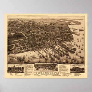 Pensacola, panoramische Karte FLs - 1885 Poster