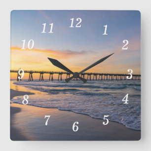 Pensacola Pier Shoreline Sunrise Wall Clock Quadratische Wanduhr