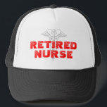 Pensionierter Krankenschwester-Fernlastfahrerhut Truckerkappe<br><div class="desc">Pensionierter Krankenschwester-Fernlastfahrerhut mit Caduceuszeichen.  Personalizable Farben und Text.</div>