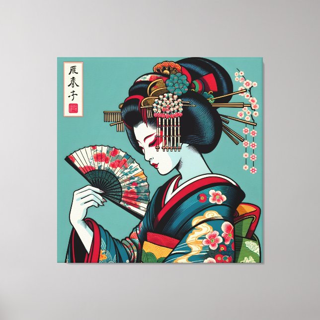 Pensive Geisha mit Fan in Ukiyo-e Art Leinwanddruck (Vorderseite)