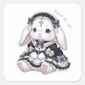 Pensive Gothic Lolita Bunny - Black & Purple Cross Quadratischer Aufkleber