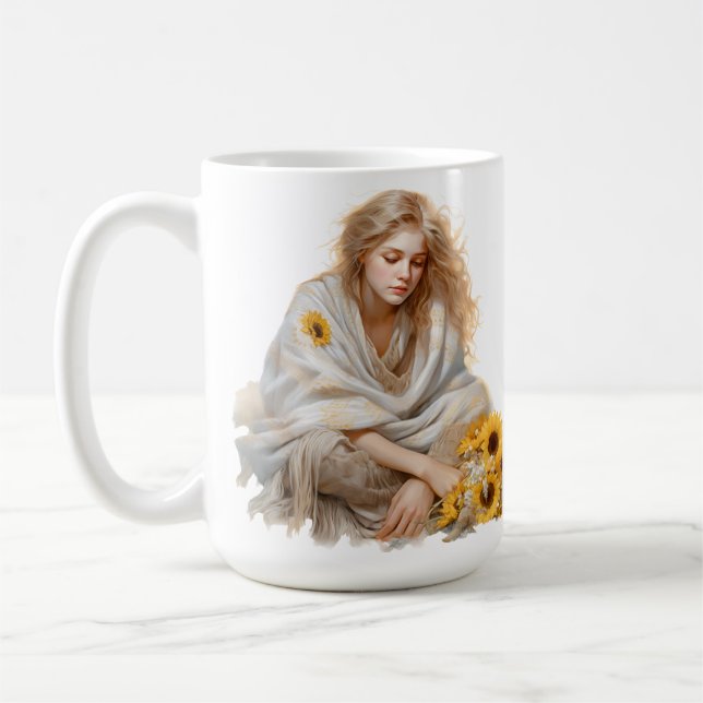 PENSIVE WASSERFALLMÄDCHEN MIT BLONDE-HAAR KAFFEETASSE (Links)