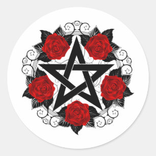 Pentagram with Red Roses Runder Aufkleber