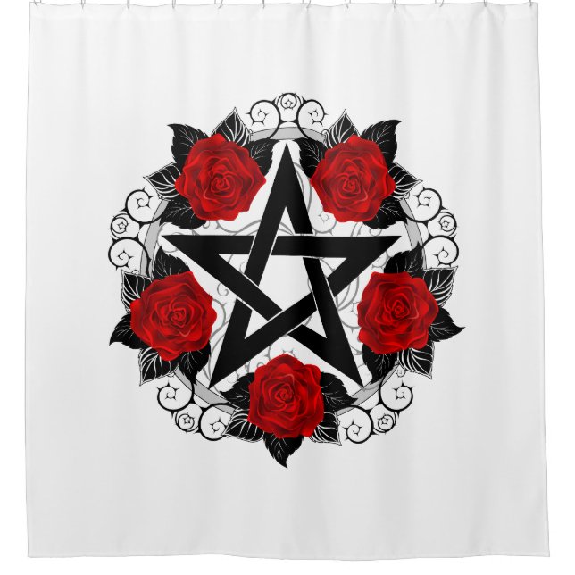 Pentagramm mit Rote Rosen Duschvorhang (Vorderseite)