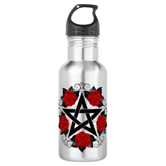 Pentagramm mit Rote Rosen Edelstahlflasche (Vorderseite)