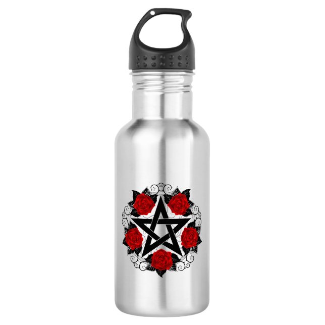 Pentagramm mit Rote Rosen Edelstahlflasche (Vorderseite)