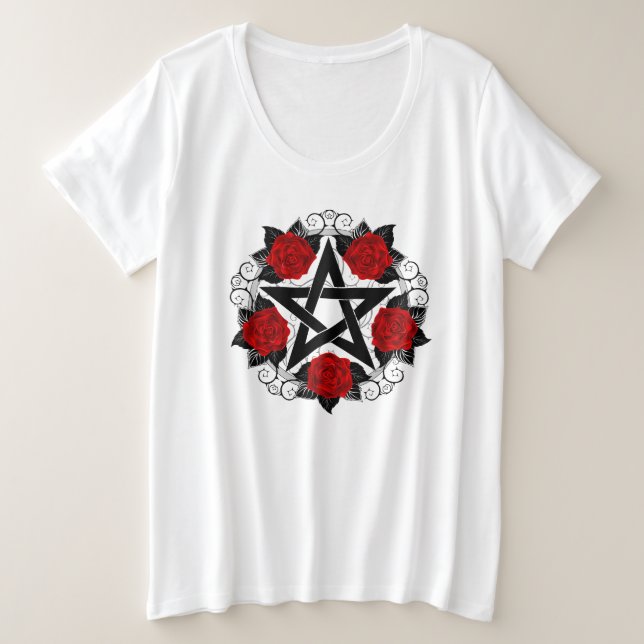 Pentagramm mit Rote Rosen Große Größe T-Shirt (Design vorne)